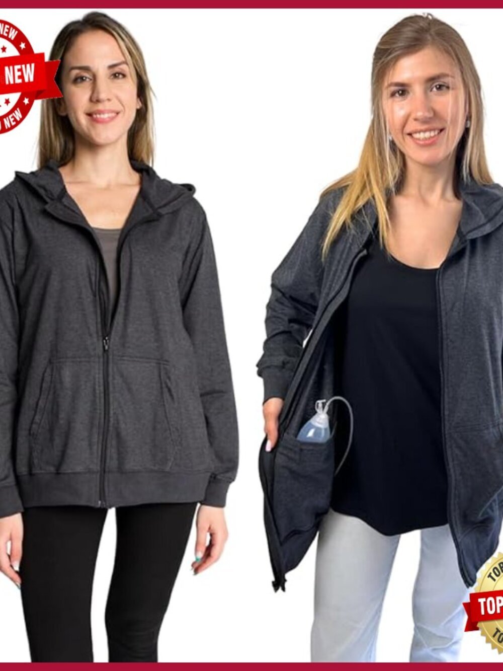 Mastectomy Recovery Hoodie with Drain Pockets, Soft Lightweight Fabric